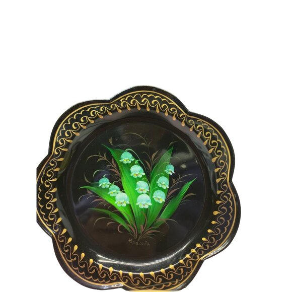 Russian Zhostovo ToleWare art Plate set Flowers Colorful Gold SIGNED folk art - Picture 5 of 11